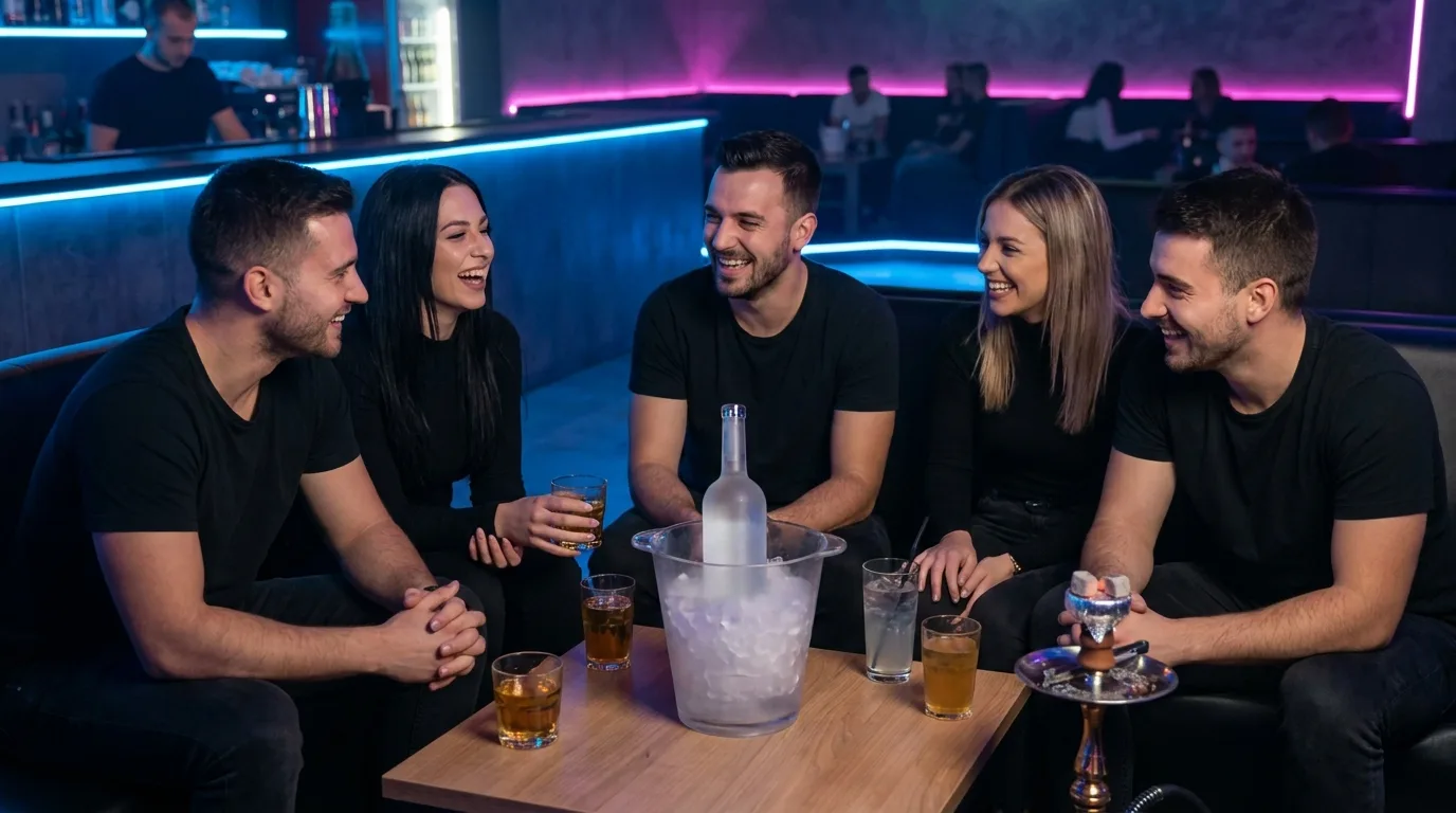 A group of friends at a nightclub table with an ice bucket, a spirit bottle and glasses
