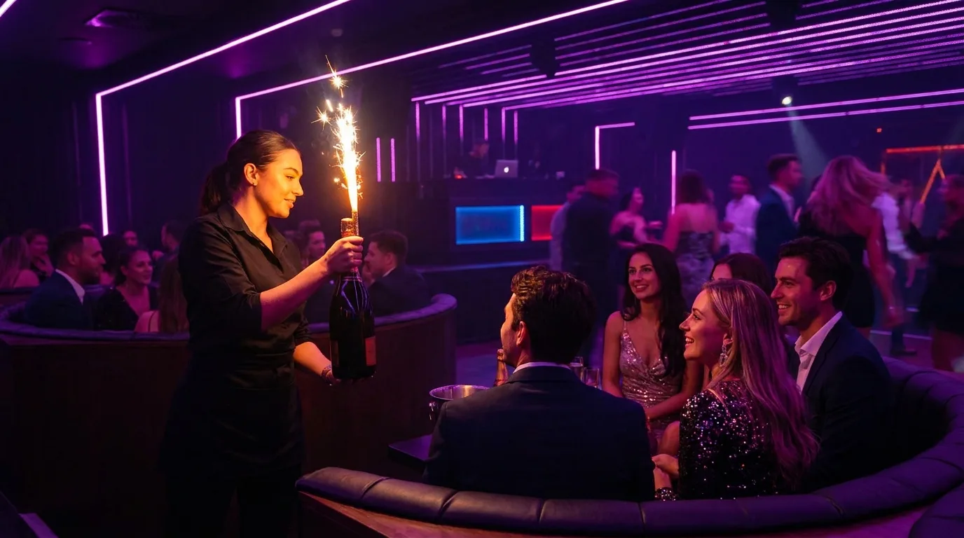 Bottle service parade with sparklers arriving at a reserved VIP table in a dark nightclub